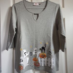 Quacker Factory Halloween Shirt Small Sequin Ghost 3/4 Sleeve Rhinestone